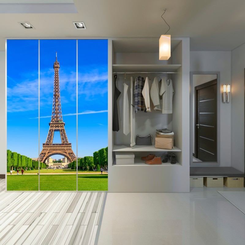 Schrankaufkleber Eiffelturm am Champ de Mars, lebendige pariser skyline – Wallnifity®