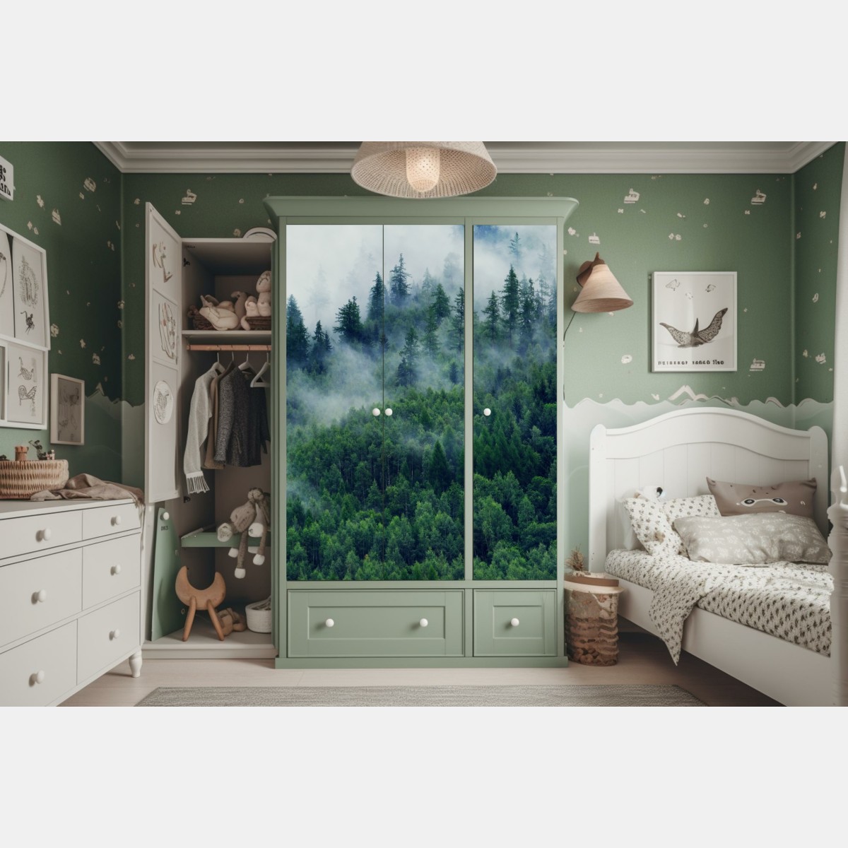 Schrankaufkleber nebliger grüner wald – Wallnifity® Schrankaufkleber nebliger grüner wald – Wallnifity®