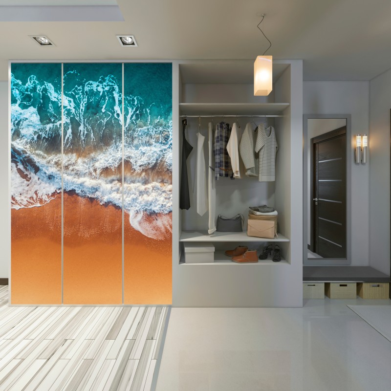 Schrankaufkleber luftaufnahme türkisfarbener wellen an einem sandstrand – Wallnifity® Schrankaufkleber luftaufnahme türkisfarbener wellen an einem sandstrand – Wallnifity®