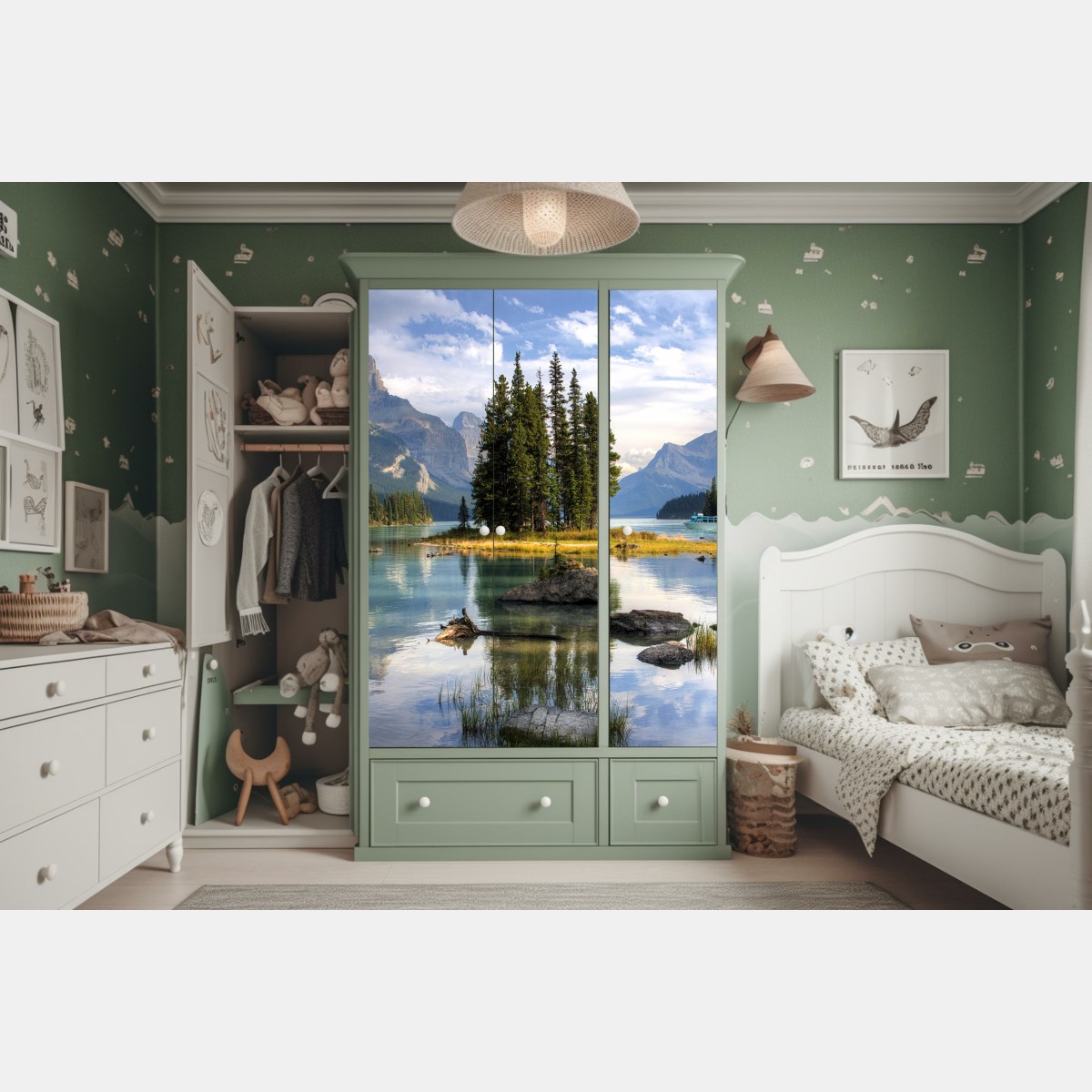 Schrankaufkleber ruhiger alpensee mit insel und bergen – Wallnifity® Schrankaufkleber ruhiger alpensee mit insel und bergen – Wallnifity®