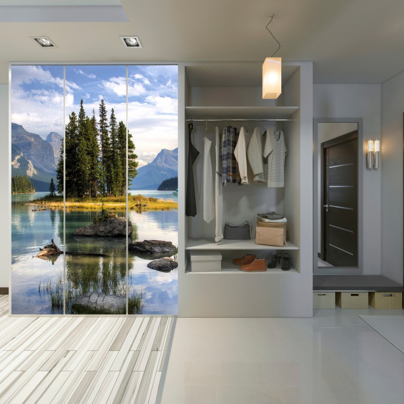 Schrankaufkleber ruhiger alpensee mit insel und bergen – Wallnifity® Schrankaufkleber ruhiger alpensee mit insel und bergen – Wallnifity®