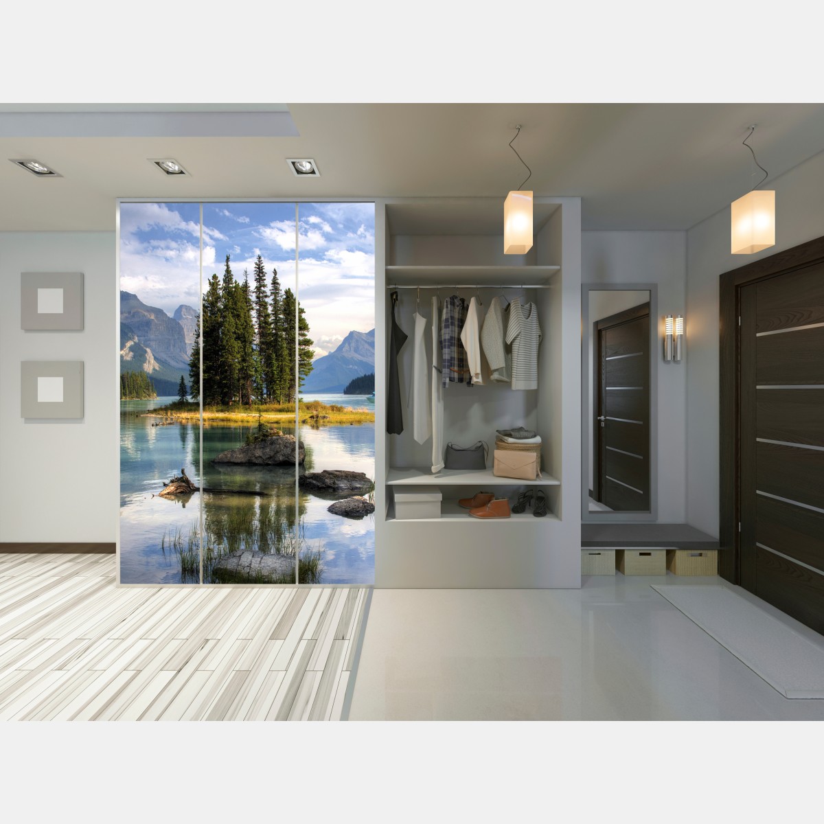 Schrankaufkleber ruhiger alpensee mit insel und bergen – Wallnifity® Schrankaufkleber ruhiger alpensee mit insel und bergen – Wallnifity®