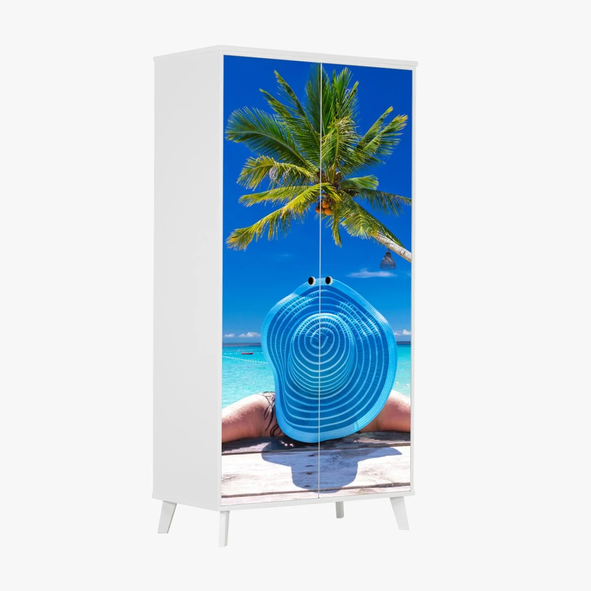 Schrankaufkleber tropischer strand mit blauem sonnenhut – Wallnifity® Schrankaufkleber tropischer strand mit blauem sonnenhut – Wallnifity®
