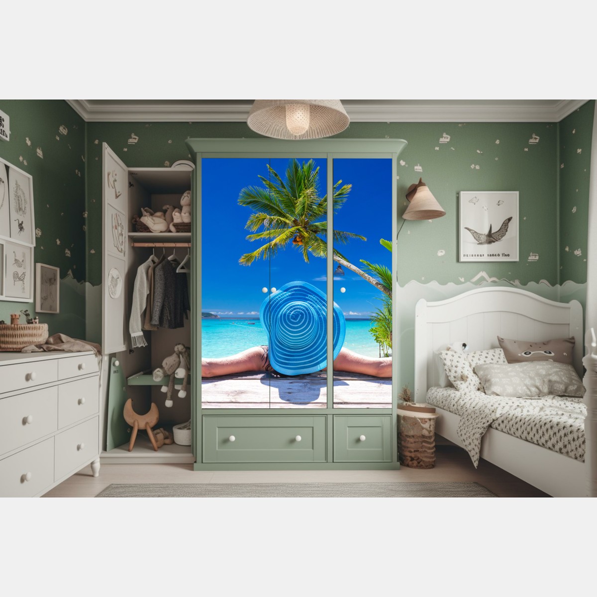 Schrankaufkleber tropischer strand mit blauem sonnenhut – Wallnifity® Schrankaufkleber tropischer strand mit blauem sonnenhut – Wallnifity®