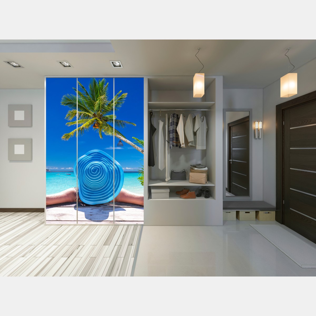 Schrankaufkleber tropischer strand mit blauem sonnenhut – Wallnifity® Schrankaufkleber tropischer strand mit blauem sonnenhut – Wallnifity®