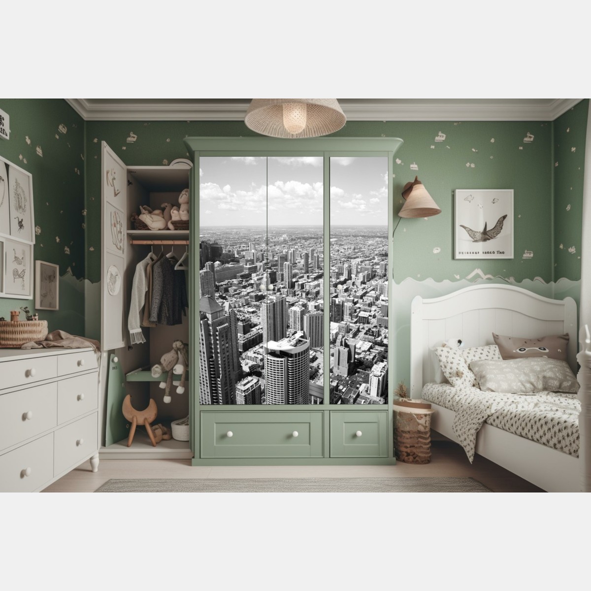 Schrankaufkleber Chicago skyline in graustufen – Wallnifity® Schrankaufkleber Chicago skyline in graustufen – Wallnifity®