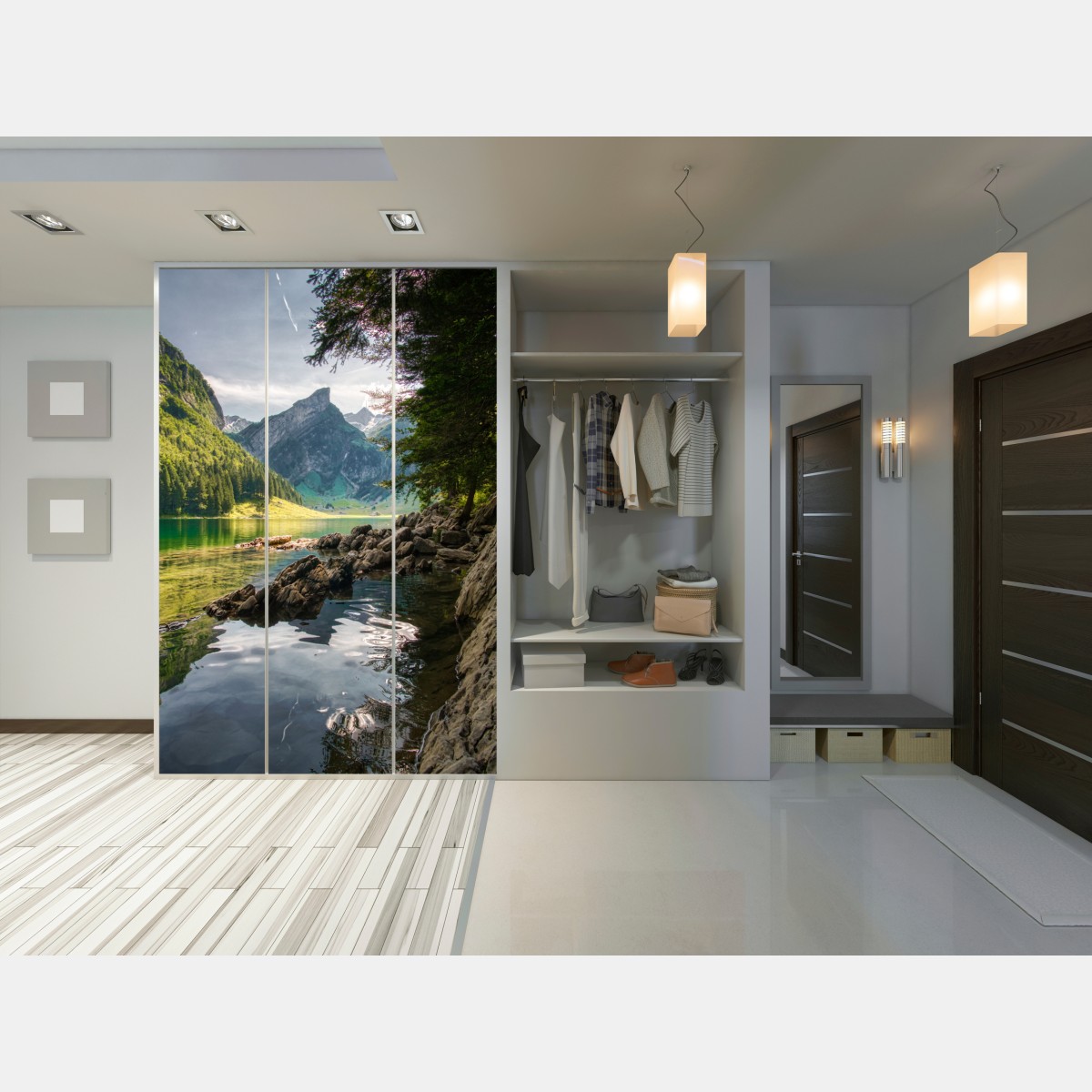 Schrankaufkleber ruhiger bergsee mit spiegelungen im wald – Wallnifity®