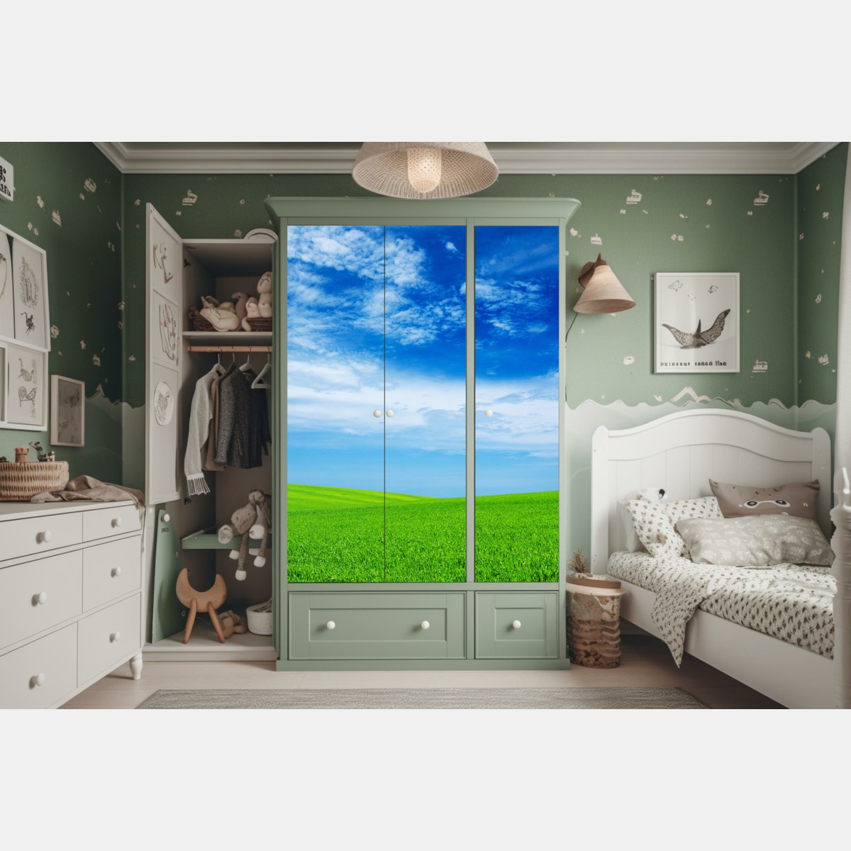 Schrankaufkleber grüne wiese unter blauem himmel – Wallnifity® Schrankaufkleber grüne wiese unter blauem himmel – Wallnifity®