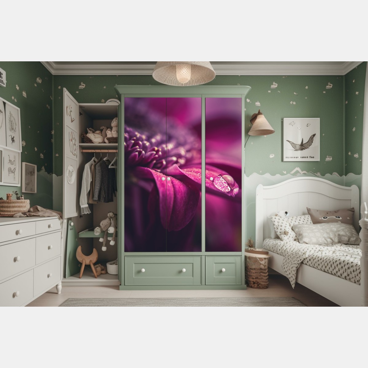 Schrankaufkleber lila makroblüte mit tautropfen – Wallnifity® Schrankaufkleber lila makroblüte mit tautropfen – Wallnifity®