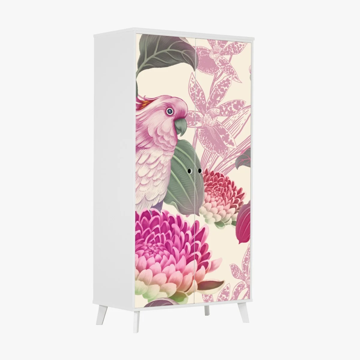 Schrankaufkleber rosa papagei und chrysantheme - botanisches motiv – Wallnifity® Schrankaufkleber rosa papagei und chrysantheme - botanisches motiv – Wallnifity®