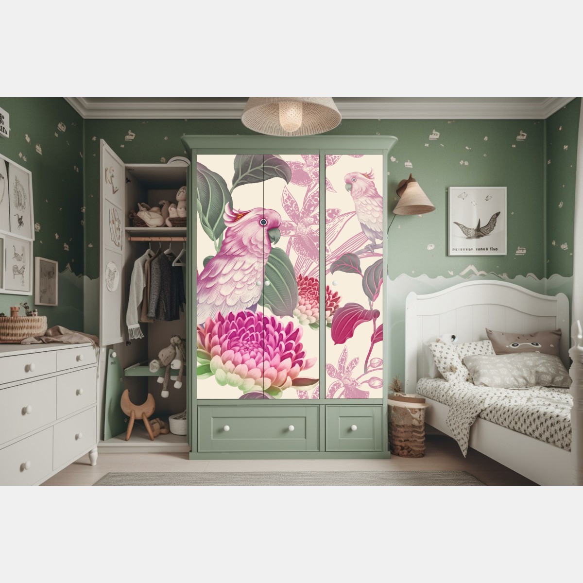 Schrankaufkleber rosa papagei und chrysantheme - botanisches motiv – Wallnifity® Schrankaufkleber rosa papagei und chrysantheme - botanisches motiv – Wallnifity®