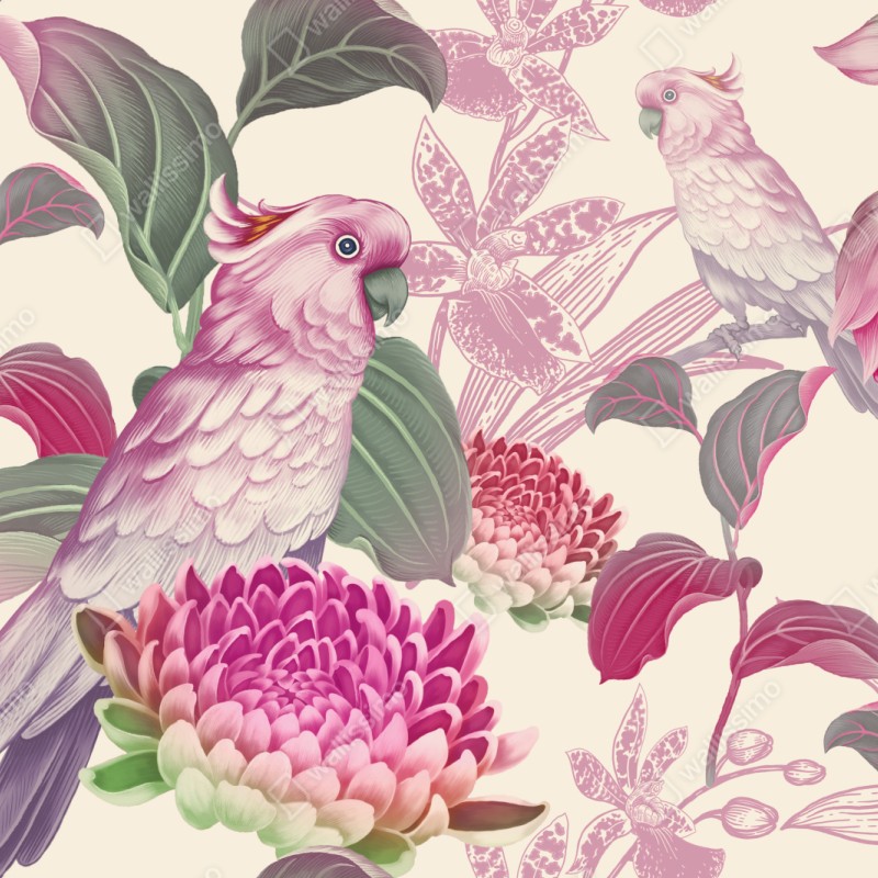 Schrankaufkleber rosa papagei und chrysantheme - botanisches motiv – Wallnifity® Schrankaufkleber rosa papagei und chrysantheme - botanisches motiv – Wallnifity®