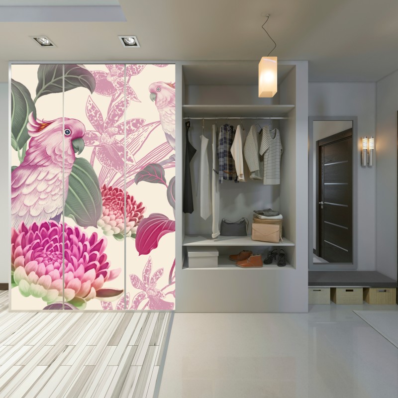 Schrankaufkleber rosa papagei und chrysantheme - botanisches motiv – Wallnifity® Schrankaufkleber rosa papagei und chrysantheme - botanisches motiv – Wallnifity®