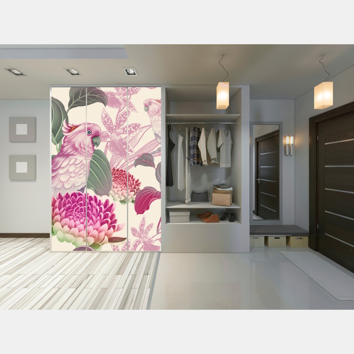 Schrankaufkleber rosa papagei und chrysantheme - botanisches motiv – Wallnifity® Schrankaufkleber rosa papagei und chrysantheme - botanisches motiv – Wallnifity®