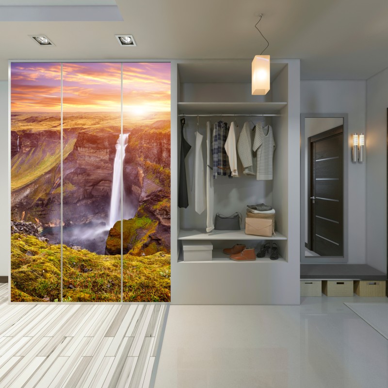 Schrankaufkleber Haifoss wasserfall bei sonnenuntergang – Wallnifity® Schrankaufkleber Haifoss wasserfall bei sonnenuntergang – Wallnifity®