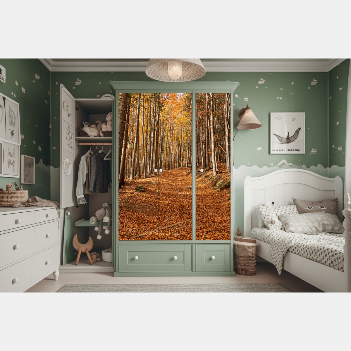 Schrankaufkleber herbstlicher waldweg mit goldenen blättern – Wallnifity® Schrankaufkleber herbstlicher waldweg mit goldenen blättern – Wallnifity®