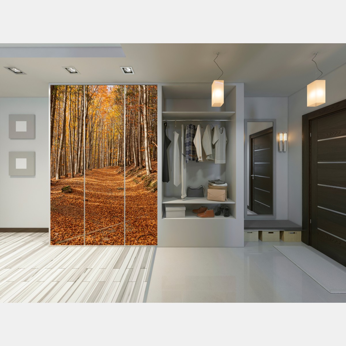 Schrankaufkleber herbstlicher waldweg mit goldenen blättern – Wallnifity® Schrankaufkleber herbstlicher waldweg mit goldenen blättern – Wallnifity®