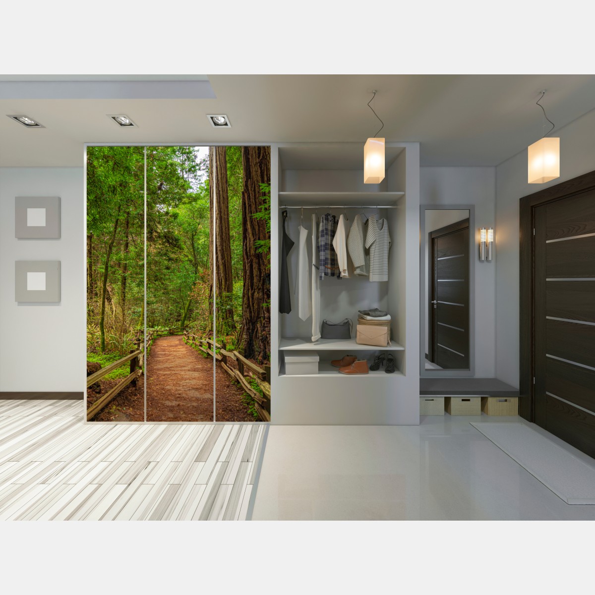 Schrankaufkleber majestätischer waldpfad zwischen mammutbäumen – Wallnifity® Schrankaufkleber majestätischer waldpfad zwischen mammutbäumen – Wallnifity®