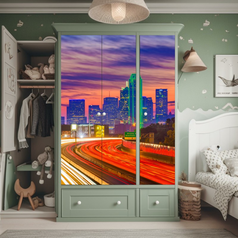Schrankaufkleber panorama von Dallas bei sonnenuntergang mit lichtspuren auf der autobahn – Wallnifity® Schrankaufkleber panorama von Dallas bei sonnenuntergang mit lichtspuren auf der autobahn – Wallnifity®