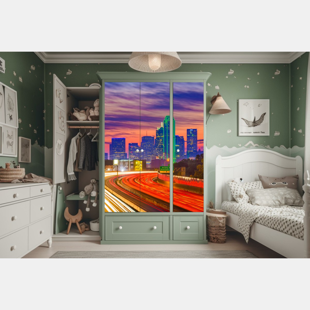 Schrankaufkleber panorama von Dallas bei sonnenuntergang mit lichtspuren auf der autobahn – Wallnifity® Schrankaufkleber panorama von Dallas bei sonnenuntergang mit lichtspuren auf der autobahn – Wallnifity®