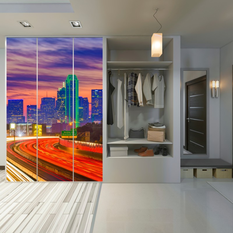 Schrankaufkleber panorama von Dallas bei sonnenuntergang mit lichtspuren auf der autobahn – Wallnifity® Schrankaufkleber panorama von Dallas bei sonnenuntergang mit lichtspuren auf der autobahn – Wallnifity®