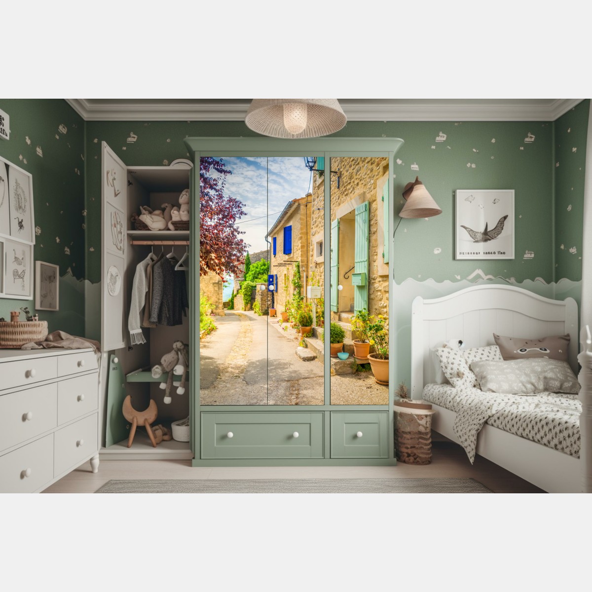 Schrankaufkleber sonnenbeschienene dorfstraße mit steinhäusern und bunten fensterläden – Wallnifity® Schrankaufkleber sonnenbeschienene dorfstraße mit steinhäusern und bunten fensterläden – Wallnifity®