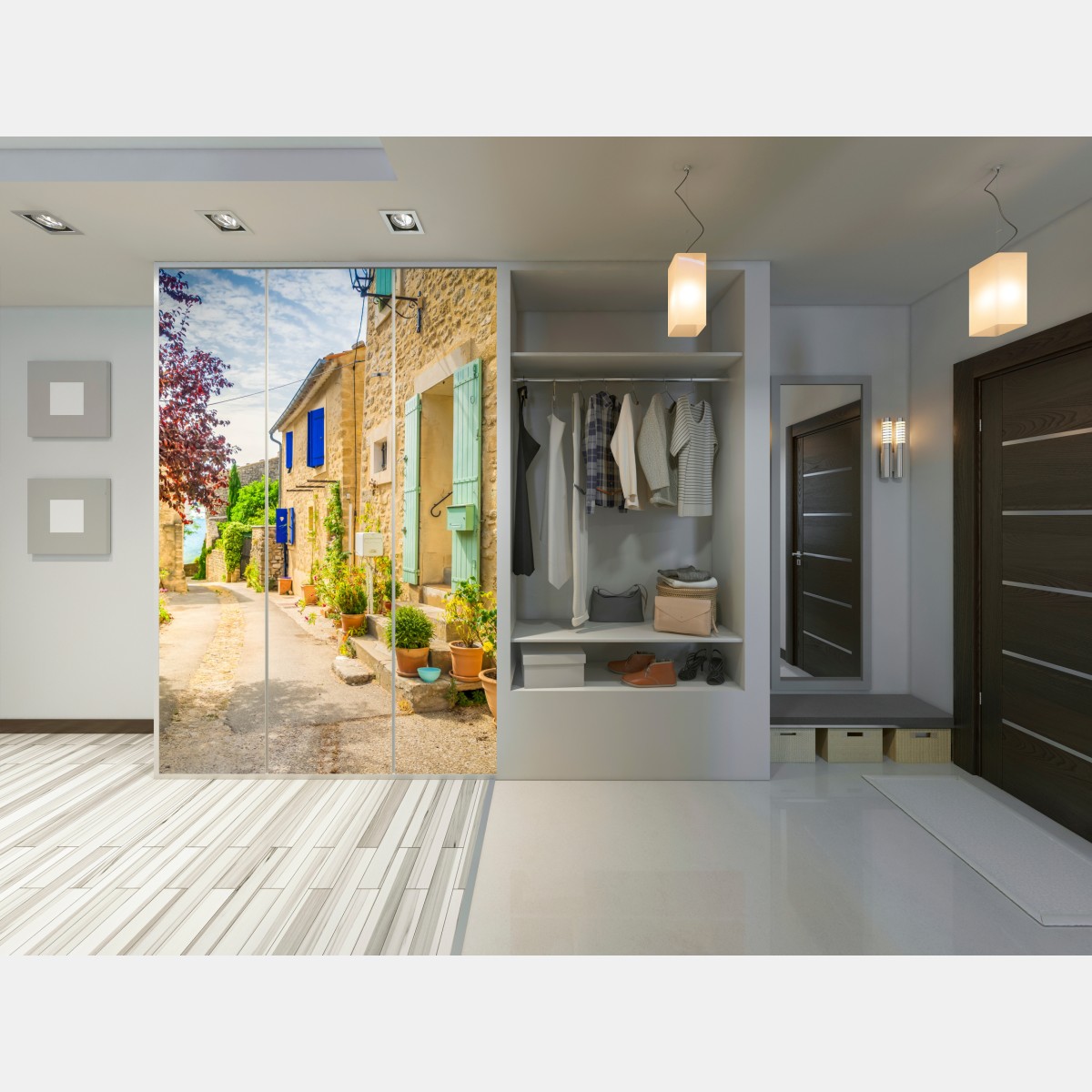 Schrankaufkleber sonnenbeschienene dorfstraße mit steinhäusern und bunten fensterläden – Wallnifity® Schrankaufkleber sonnenbeschienene dorfstraße mit steinhäusern und bunten fensterläden – Wallnifity®