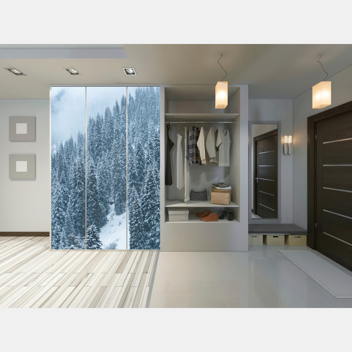 Schrankaufkleber nebeliger schneebedeckter kiefernwald – Wallnifity® Schrankaufkleber nebeliger schneebedeckter kiefernwald – Wallnifity®