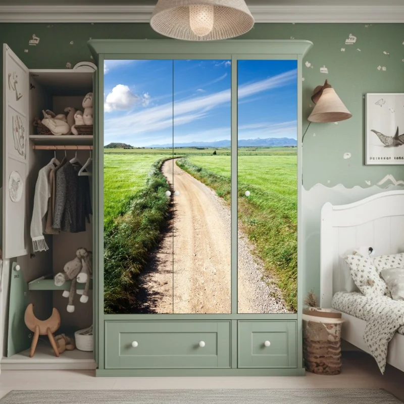 Schrankaufkleber gewundener landweg durch grüne wiesen – Wallnifity® Schrankaufkleber gewundener landweg durch grüne wiesen – Wallnifity®