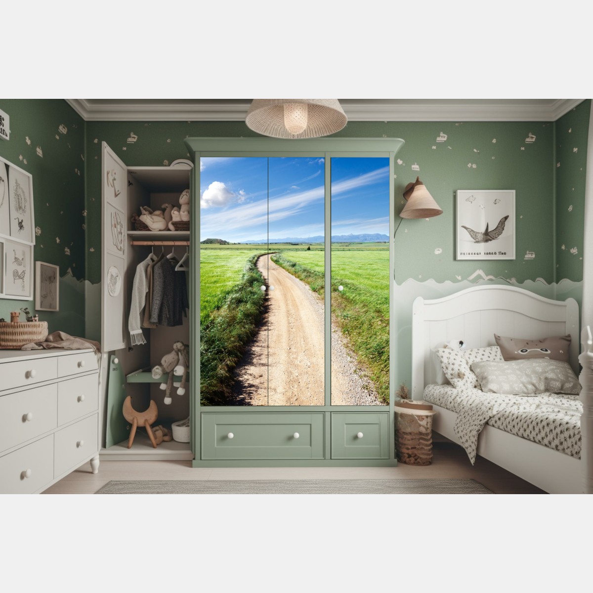 Schrankaufkleber gewundener landweg durch grüne wiesen – Wallnifity® Schrankaufkleber gewundener landweg durch grüne wiesen – Wallnifity®