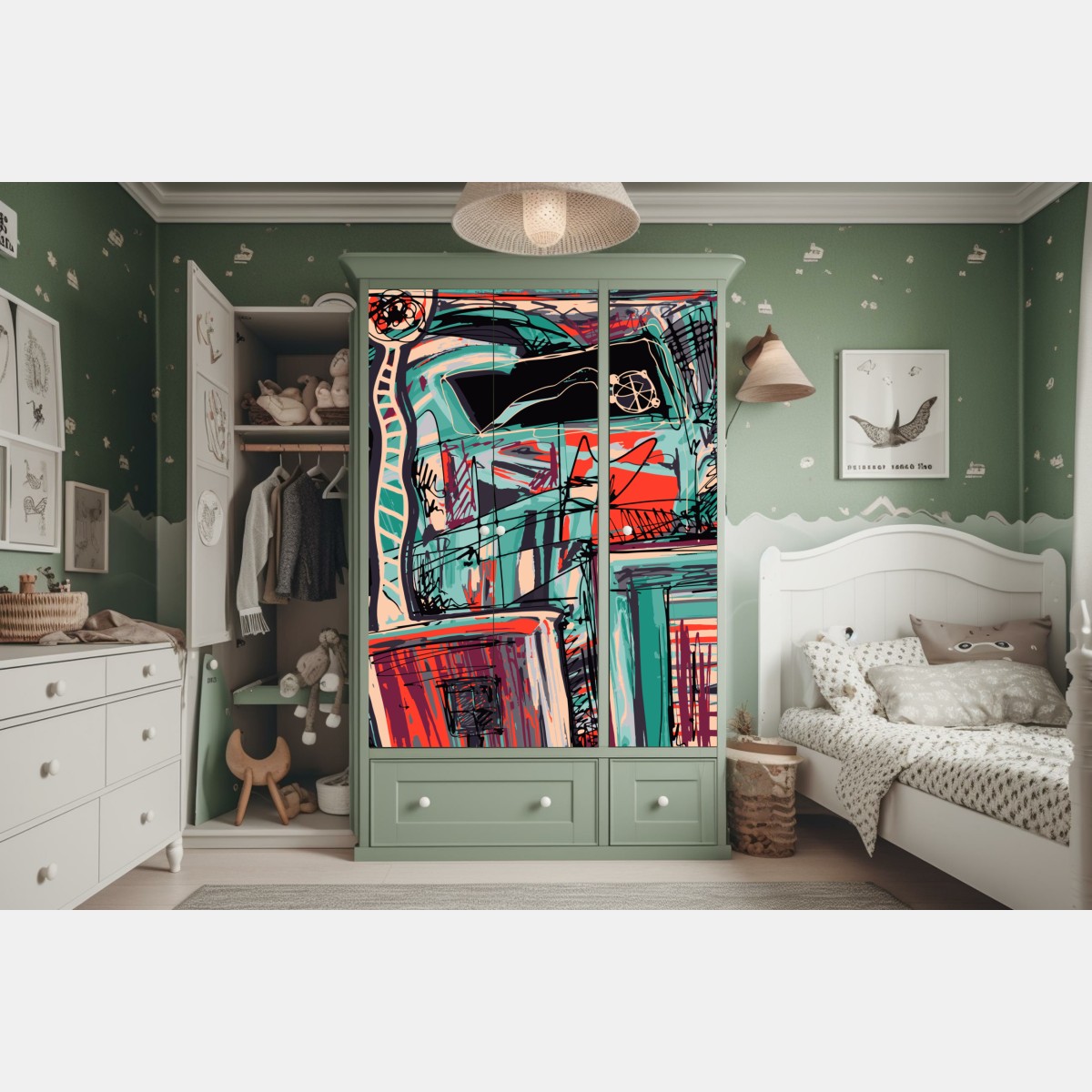 Schrankaufkleber türkis-korall abstrakte komposition – Wallnifity®