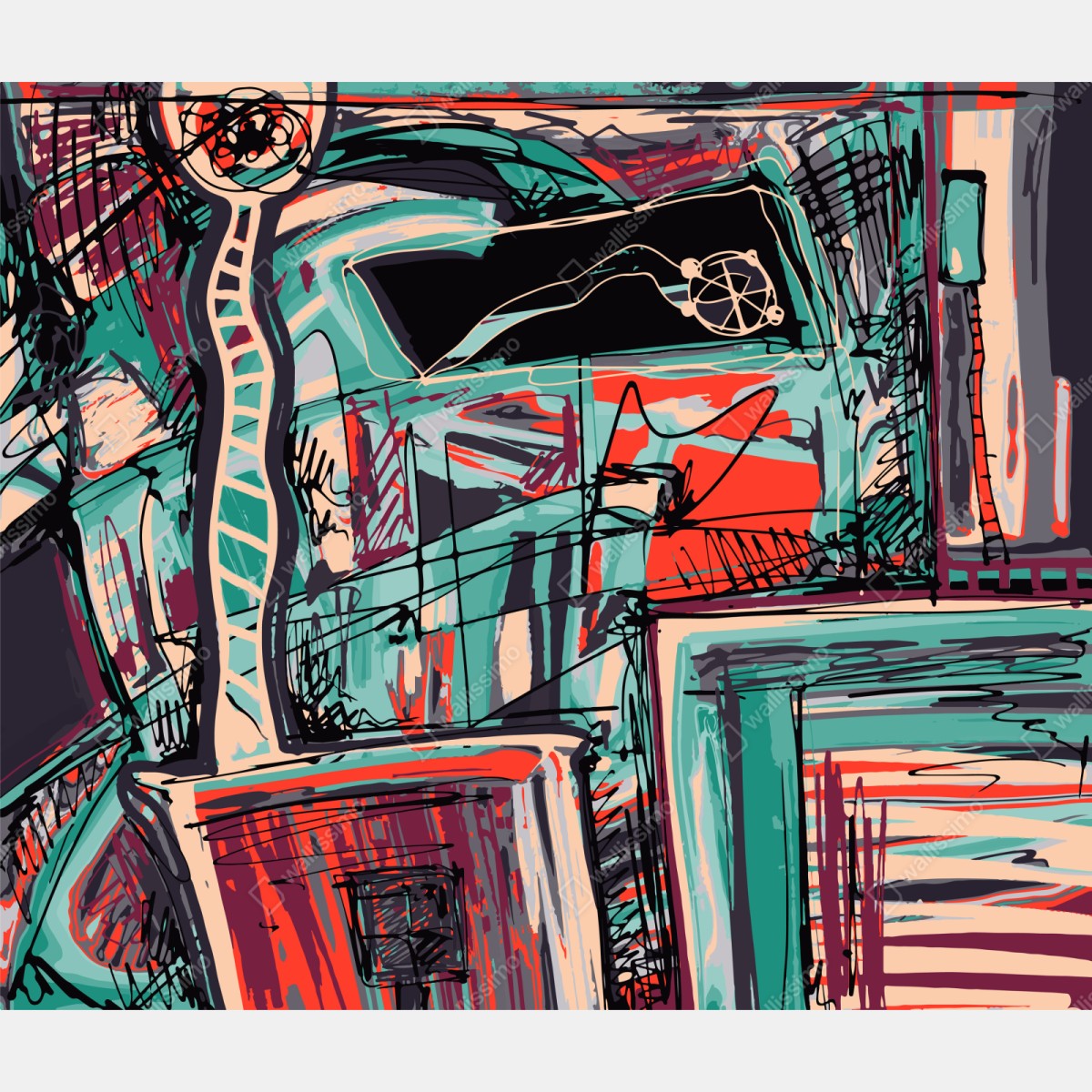 Schrankaufkleber türkis-korall abstrakte komposition – Wallnifity®