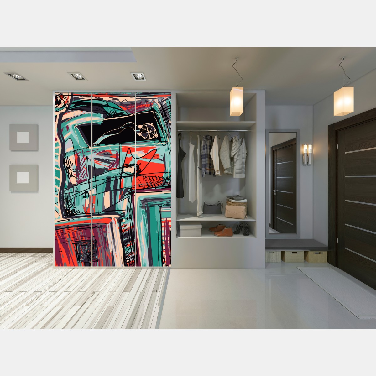 Schrankaufkleber türkis-korall abstrakte komposition – Wallnifity®