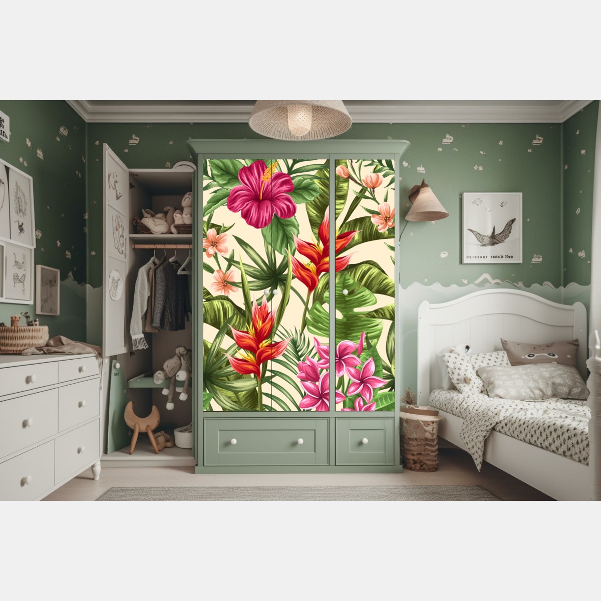 Schrankaufkleber tropisches blumenmuster mit hibiskus und plumeria – Wallnifity®
