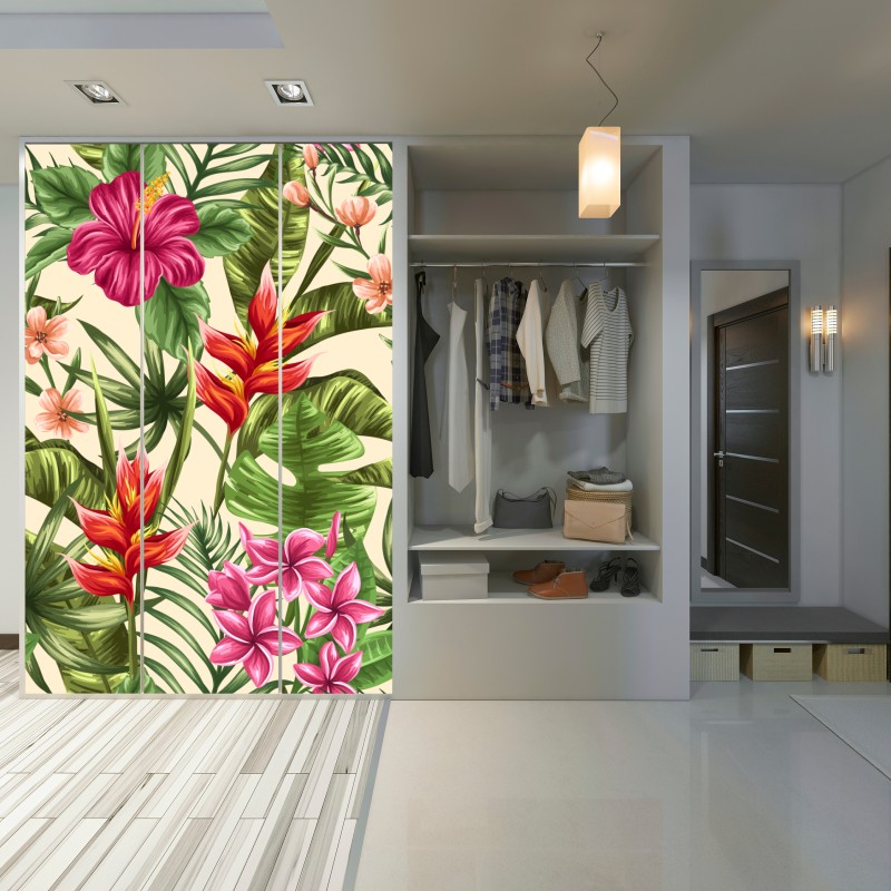 Schrankaufkleber tropisches blumenmuster mit hibiskus und plumeria – Wallnifity®
