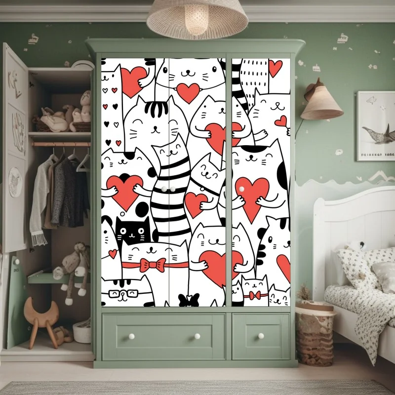 Schrankaufkleber süße katzen mit herzen muster – Wallnifity® Schrankaufkleber süße katzen mit herzen muster – Wallnifity®