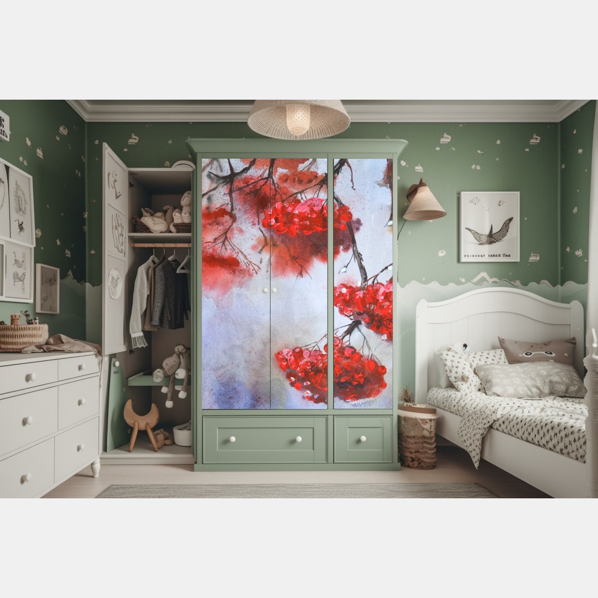 Schrankaufkleber aquarell rote beeren an zweigen – Wallnifity® Schrankaufkleber aquarell rote beeren an zweigen – Wallnifity®