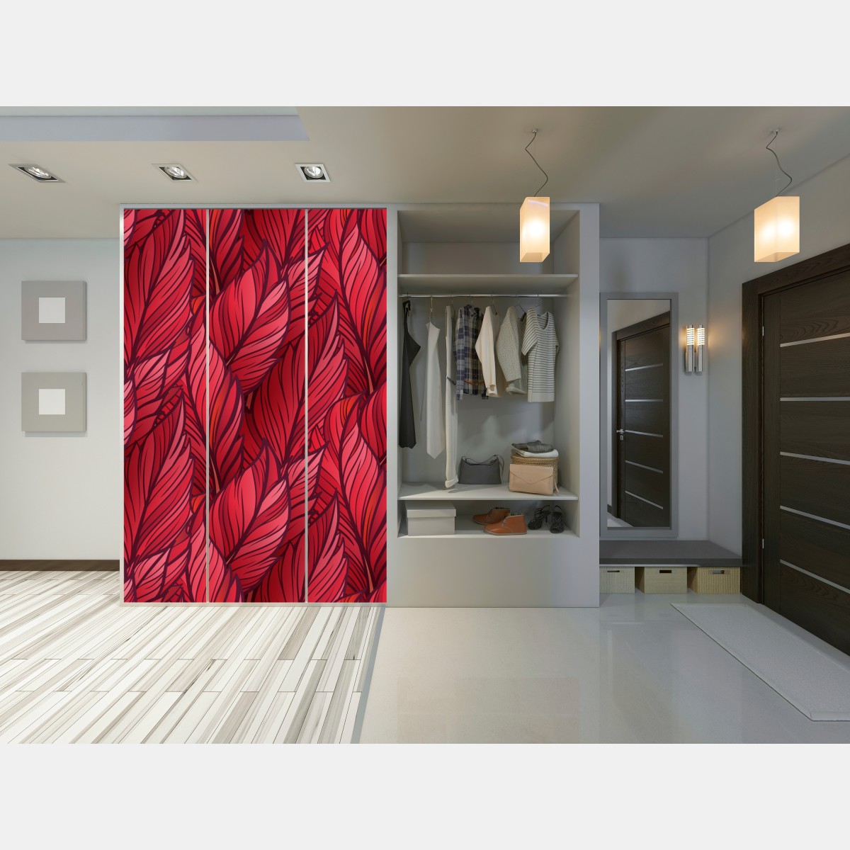 Schrankaufkleber rotes botanisches blättermuster – Wallnifity® Schrankaufkleber rotes botanisches blättermuster – Wallnifity®