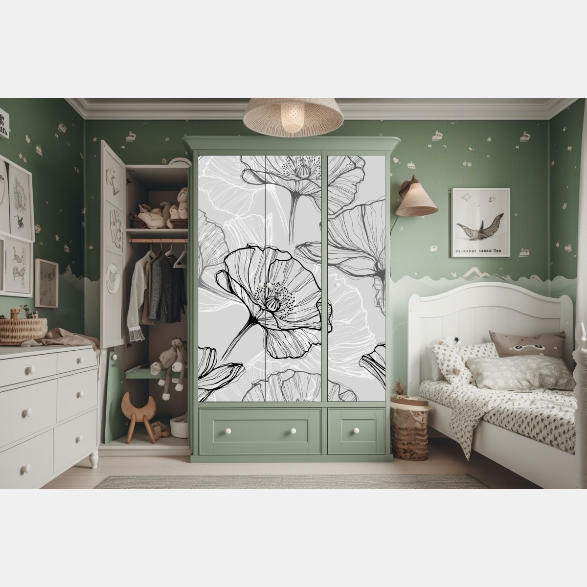 Schrankaufkleber zarter grauer mohn in linienzeichnung – Wallnifity® Schrankaufkleber zarter grauer mohn in linienzeichnung – Wallnifity®