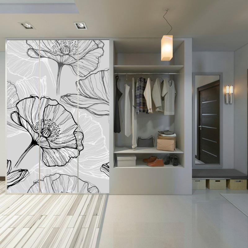 Schrankaufkleber zarter grauer mohn in linienzeichnung – Wallnifity® Schrankaufkleber zarter grauer mohn in linienzeichnung – Wallnifity®