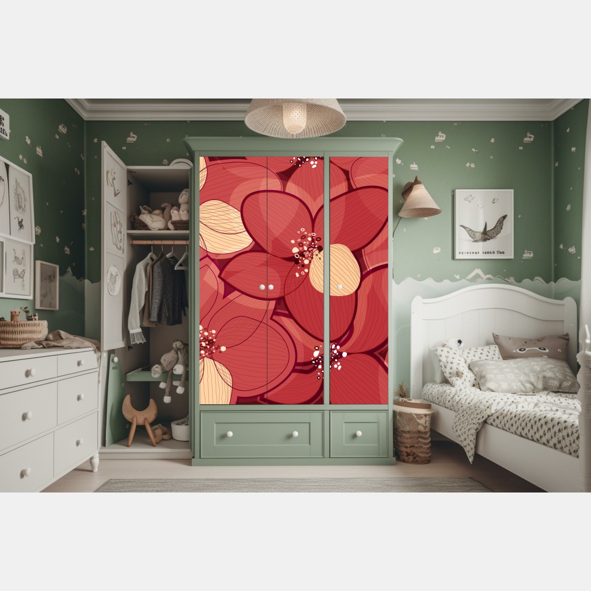 Schrankaufkleber rotes blumenmuster mit beigen mittelpunkten – Wallnifity® Schrankaufkleber rotes blumenmuster mit beigen mittelpunkten – Wallnifity®