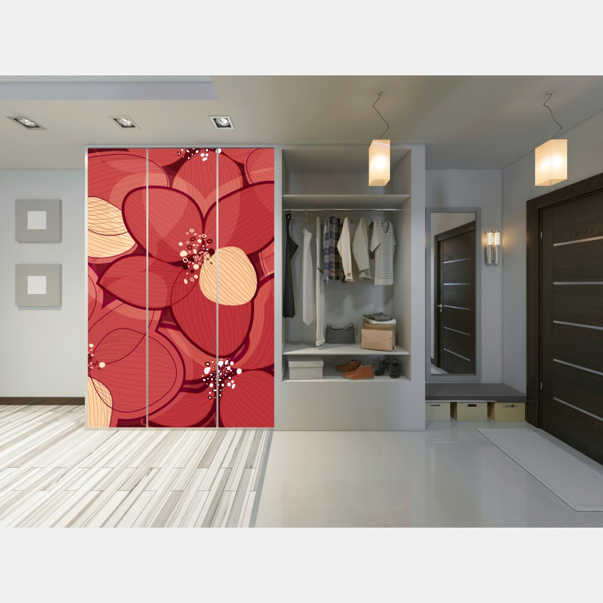 Schrankaufkleber rotes blumenmuster mit beigen mittelpunkten – Wallnifity® Schrankaufkleber rotes blumenmuster mit beigen mittelpunkten – Wallnifity®