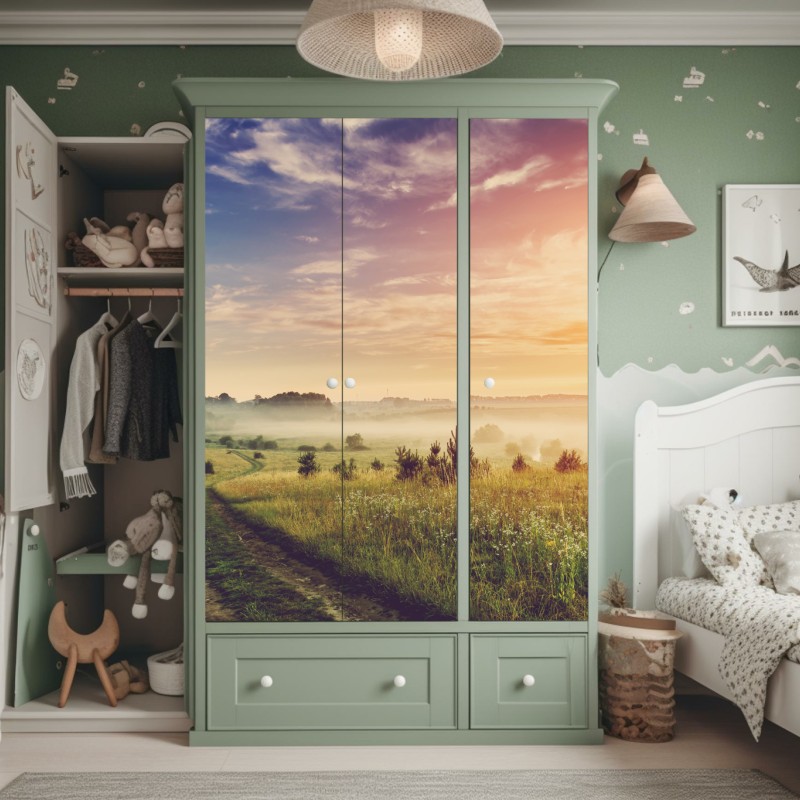 Schrankaufkleber nebeliger sonnenaufgang über einer ländlichen wiese – Wallnifity® Schrankaufkleber nebeliger sonnenaufgang über einer ländlichen wiese – Wallnifity®