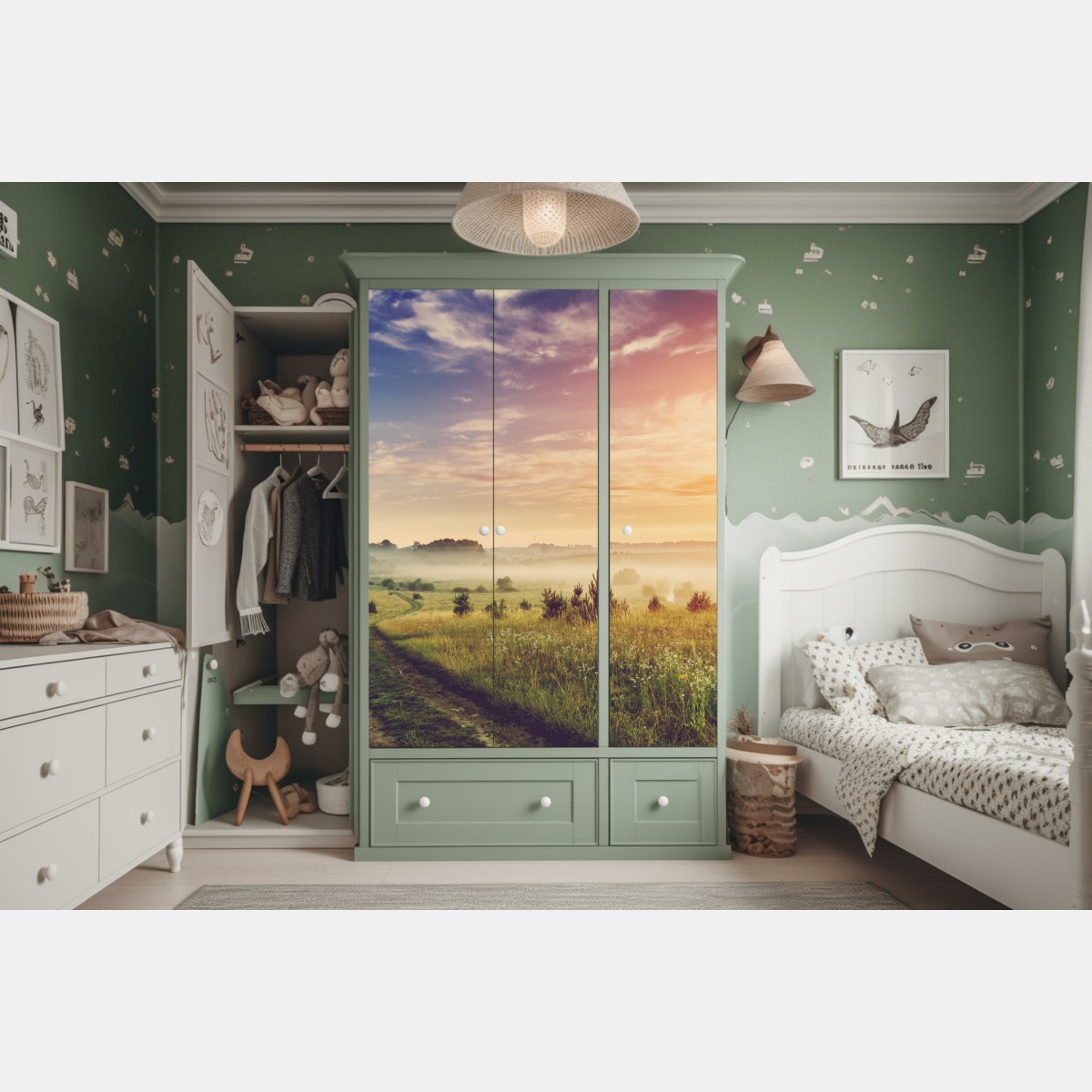 Schrankaufkleber nebeliger sonnenaufgang über einer ländlichen wiese – Wallnifity® Schrankaufkleber nebeliger sonnenaufgang über einer ländlichen wiese – Wallnifity®