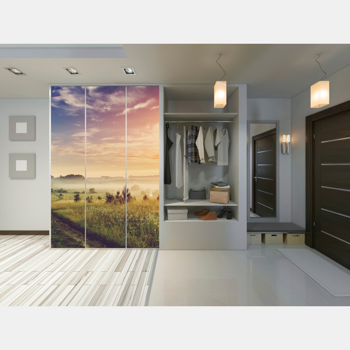 Schrankaufkleber nebeliger sonnenaufgang über einer ländlichen wiese – Wallnifity® Schrankaufkleber nebeliger sonnenaufgang über einer ländlichen wiese – Wallnifity®
