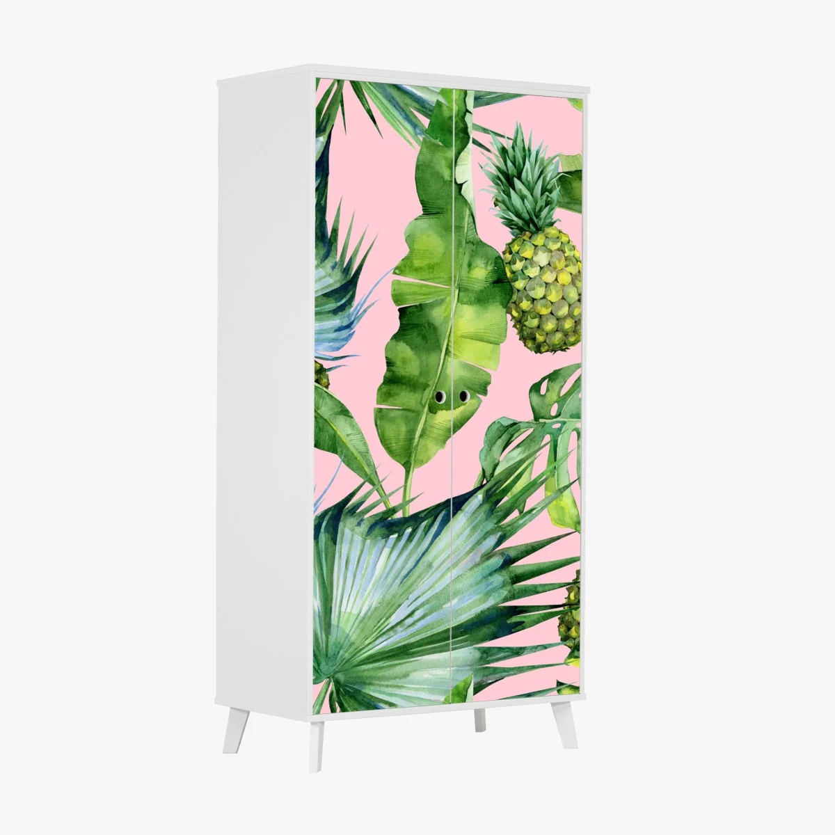 Schrankaufkleber tropisches ananas- und blattmuster in aquarell auf rosa hintergrund – Wallnifity® Schrankaufkleber tropisches ananas- und blattmuster in aquarell auf rosa hintergrund – Wallnifity®