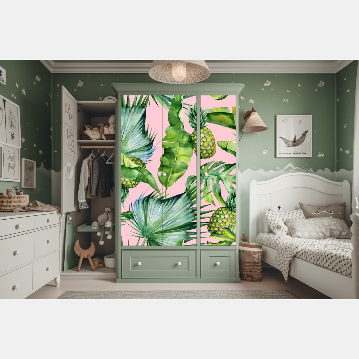 Schrankaufkleber tropisches ananas- und blattmuster in aquarell auf rosa hintergrund – Wallnifity® Schrankaufkleber tropisches ananas- und blattmuster in aquarell auf rosa hintergrund – Wallnifity®