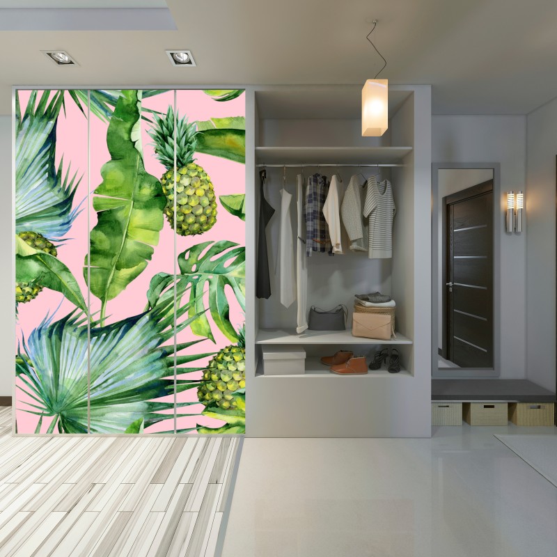 Schrankaufkleber tropisches ananas- und blattmuster in aquarell auf rosa hintergrund – Wallnifity® Schrankaufkleber tropisches ananas- und blattmuster in aquarell auf rosa hintergrund – Wallnifity®