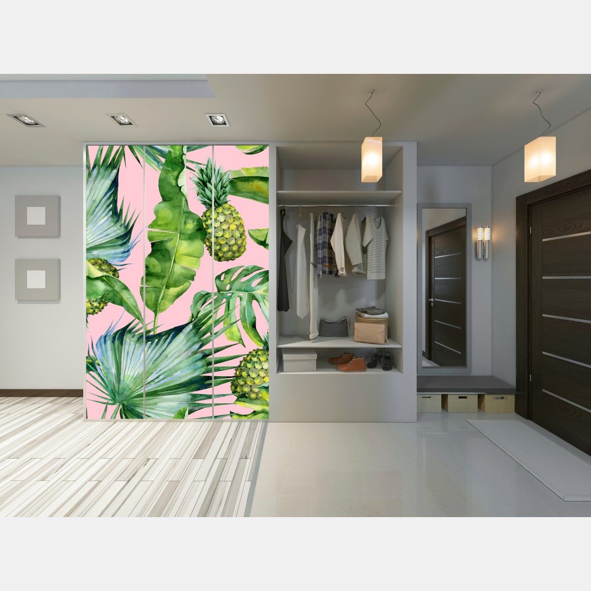 Schrankaufkleber tropisches ananas- und blattmuster in aquarell auf rosa hintergrund – Wallnifity® Schrankaufkleber tropisches ananas- und blattmuster in aquarell auf rosa hintergrund – Wallnifity®