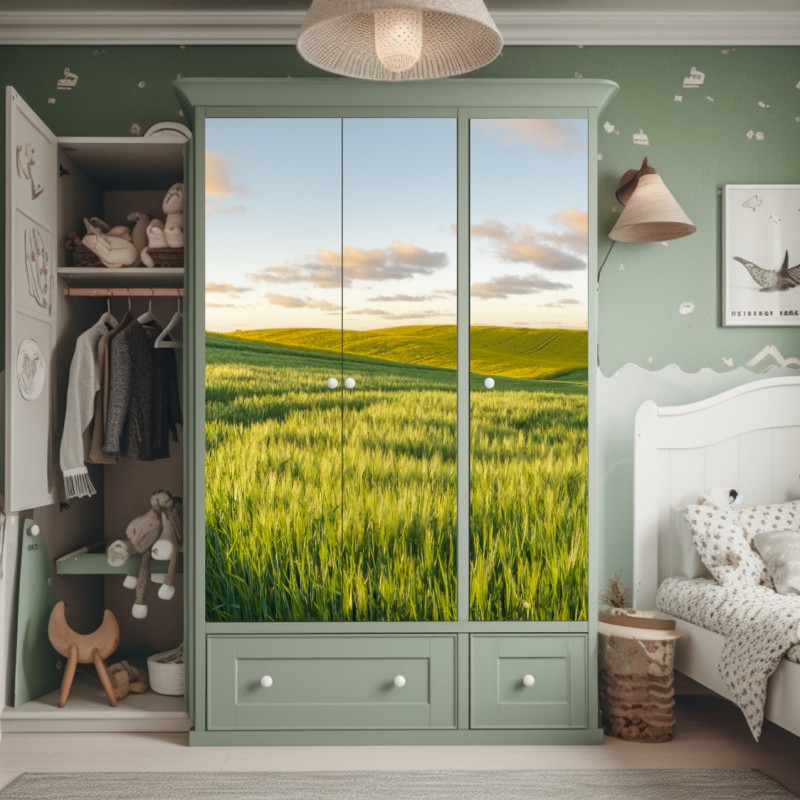Schrankaufkleber sonniger feldweg mit einsamem baum – Wallnifity®